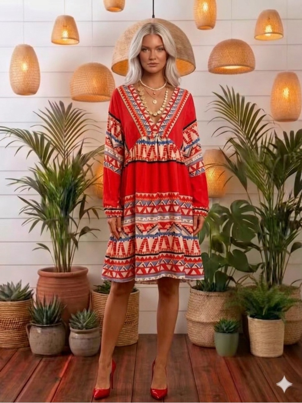 Boho V-Neck Tribal Council Printed Tiered Mini Dress